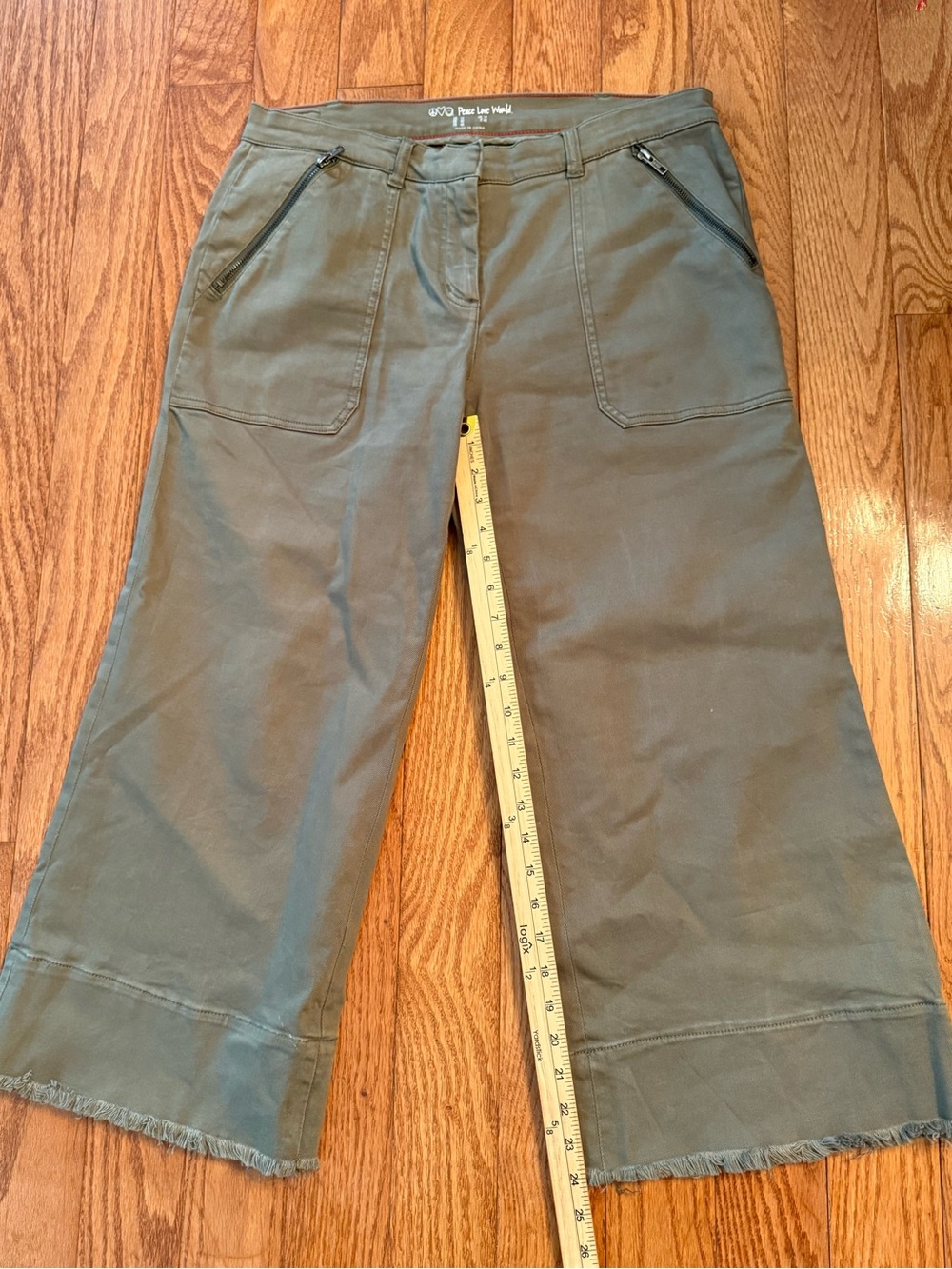 Peace Love World Wide Leg Raw Edge Crop Jeans Olive Green Size 12